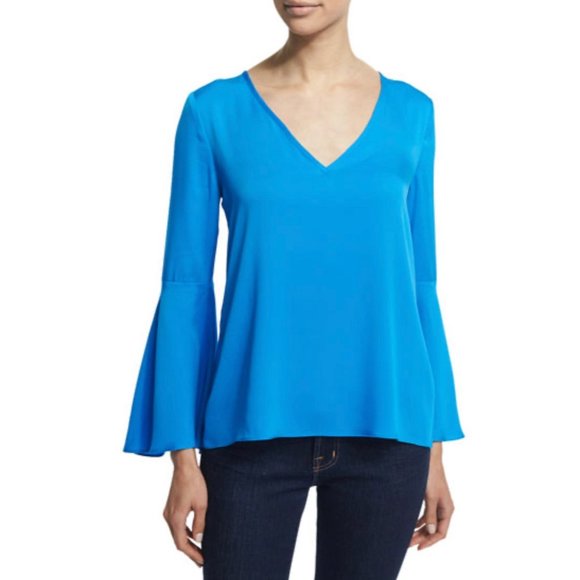 Milly Silk Flutter Sleeve V-Neck A Line Blouse Aqua Blue $325 Size‎ 4 - Picture 1 of 10